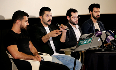 Hamed Sinno (second left), lead singer and song writer of the Lebanese group Mashrou’ Leila, speaks during a press conference with his band members, in Beirut, Lebanon, Thursday (AP photo)